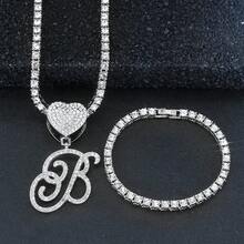 1 Set Women's Elegant Heart & Letter Pendant Necklace With Single Row Rhinestones, Matching Single Row Rhinestone Bracelet, Suitable For Daily Wear, Parties And Events, Versatile Jewelry Set - Fashionable Heart Letter Pendant Necklace - View 60