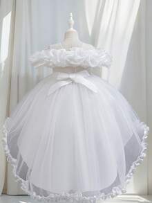 Girls' High-Low Princess Dress With Embroidered Tulle Skirt – Elegant Party Gown For Christmas, Halloween & Birthday Celebrations - 白色 - 查看 2