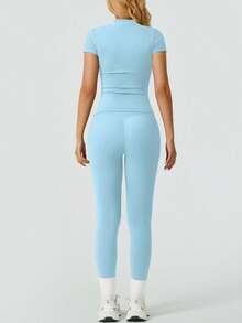 NcmRyu 1 Set Women's Solid Color Elastic Crew Neck Short Sleeve Pants Sports Suit Summer - 淺藍色 - 查看 4