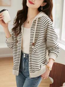 YUXIN Fashionable Striped Full Zip Hoodie Jacket - Casual Long Sleeve Outerwear, Women's Fashion Apparel, Soft Lining, Adjustable Drawstring, Spring/Autumn Vacation Style Jacket - Apricot - View 2