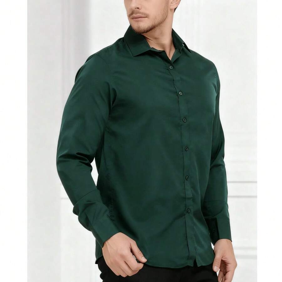 Men's Long-Sleeved Shirt, All Slim Fit Type, Luxury Premium - 軍綠色 - 查看 1