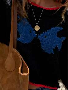 2025 Automne/Hiver Nouveau mode rétro Bloc de couleur Conception Jacquard Surdimensionné Lâche Tricot Graphique Chandail Femmes, Imprimé animal Hauts de base, Hauts pour sortir, Vêtements d'automne pour femmes, Femmes modestes, Femmes de fête, Femmes Y2K, Hauts pour sortir, Femmes de concert, Femmes pour le dîner