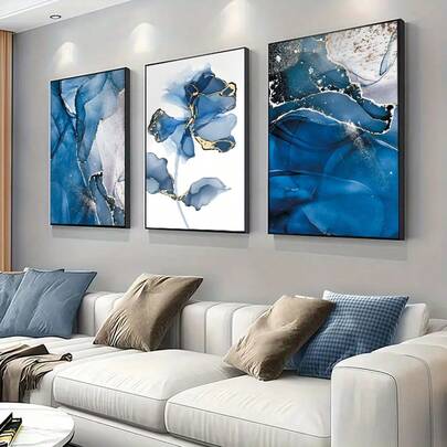 1/3幅现代蓝色抽象几何线条花卉帆布海报，北欧时尚奢华风格家居及办公室墙面装饰画，卧室、客厅、浴室、厨房及餐厅装饰，墙面艺术画（无框）