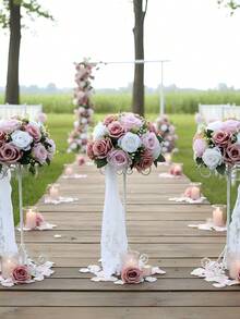 2 Packs Artificial Flower Ball Arrangement Bouquet, 15 Heads Plastic Roses With Base, Suitable For Wedding Centerpiece Flower Rack For Parties Valentine's Day Home Decor - 淺粉 - 查看 3