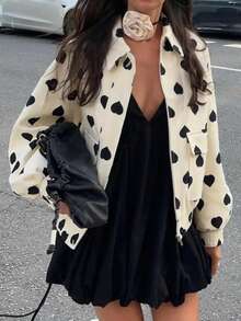 女士休闲落肩长袖爱心印花外套，时尚百搭，适合日常、旅行、秋冬季穿着 - 白色 - 查看 5