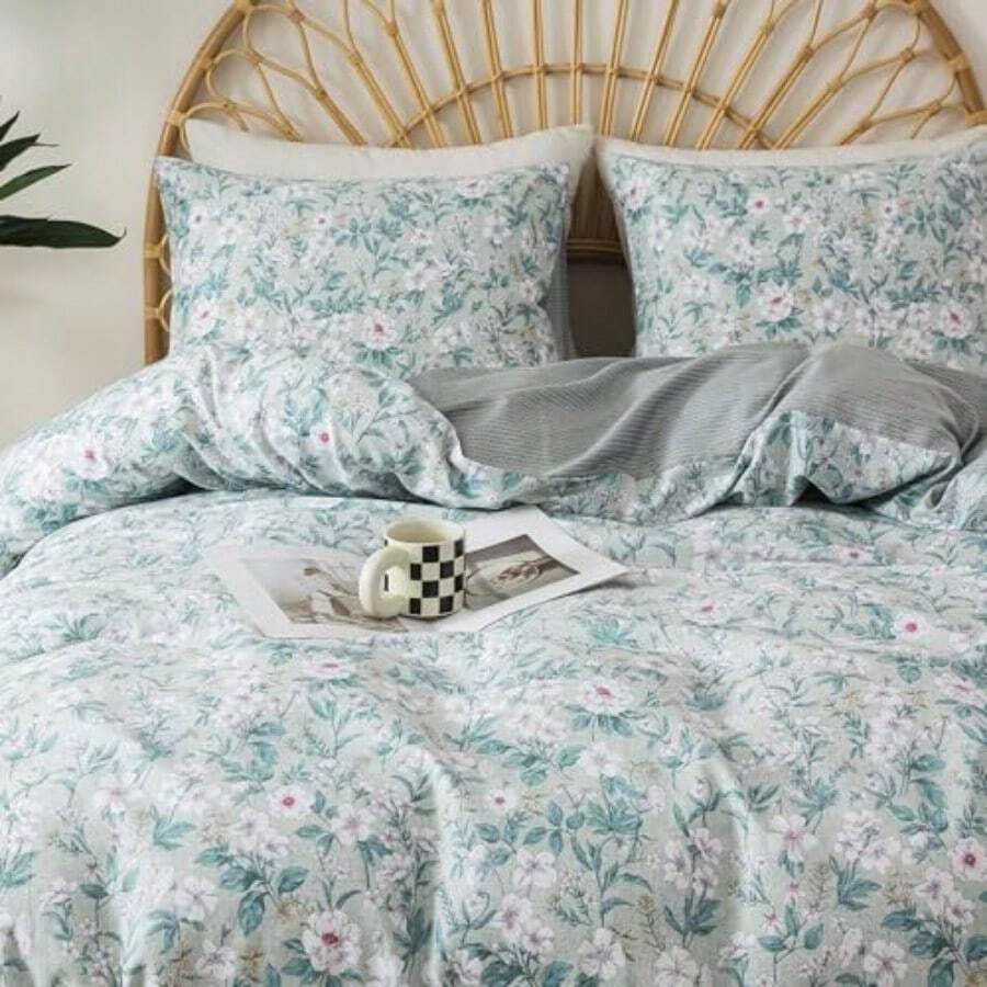 HoneiLife - Funda de edredón botánica tamaño King 100% algodón juego de ropa de cama floral con cierre de cierre y lazos en las esquinas juego de funda de edredón de flores silvestres verde - Hojas verdes - Ver 1