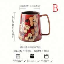 1pc 700ml Hand-Painted Floral Pattern Ceramic Coffee Mug - Multipurpose Kitchen & Dining Cup, Handmade Ceramic Mug & Water Cup - Multicolor - View 10