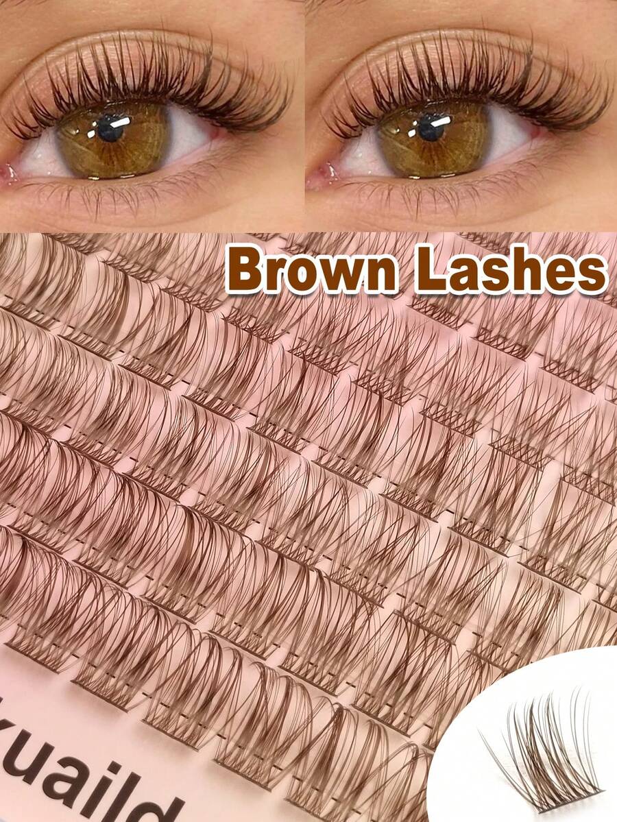 Rikuaild 96pcs Brown Fluffy False Eyelashes, Soft & Criss-Cross Fibers, Natural Look, Suitable For Travel & Everyday Makeup