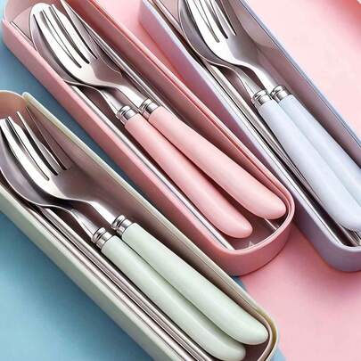 3件套便携式餐具套装，不锈钢材质，可重复使用，适合野餐、露营、家庭旅行、工作、户外活动，也适用于厨房、餐厅、学生、旅行、露营、办公室、节日礼物、返校季、学习用品。