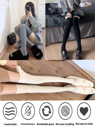 Vertical Striped Knee High Thread Pile Socks For Warmth, Solid Color Long Tube High Tube Women's Socks 1pair