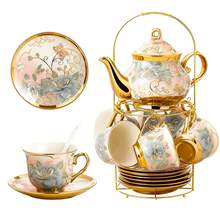20-Piece Porcelain Tea Set, European-Style Floral Gold-Trimmed Cups & Saucers With Metal Holder, Elegant Ceramic Gift Set For Afternoon Tea & Parties - Blue Pink - View 5