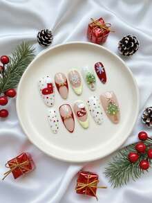 Get The Perfect Christmas Vibe! – 10PCS Medium Long Almond Handmade Press On Nails, Nude & Red, With White & Creamy Yellow Polka Dot French Tips, Decorated With Crystal Christmas Tree, Snowflake, Christmas Stocking, Pearl & Gold Bead 3D Accents, Removable Reusable Nail Set (Includes Nail Jelly Glue & Nail File) – Festive & Cute - Nhiều màu - Xem 2