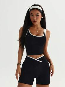 2pcs Women's Sports Set: Off-Shoulder Backless Tank Top + Shorts - Shaping, Slimming, Lifting, Leg Flattering, Suitable For Yoga, Fitness, Outdoor Activities And Casual Wear, Solid Black - Black - View 2