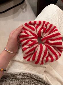1pc Women's Brown Knitted Striped Scrunchie Hair Tie, New High-End Hair Accessory For Buns, Ponytails ,Scrunchy Hair Ties Elastic Band - 黑色 - 查看 2