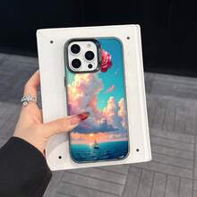 Colorful Silver Apple Phone CaseA Pink Rose Floats Above A Sailboat At SeaCompatible With  11 To  17 Models The Cases Lens Protection Function Ensures The Camera Remains Undamaged During Shooting  Guaranteeing Image Quality - Black - View 4
