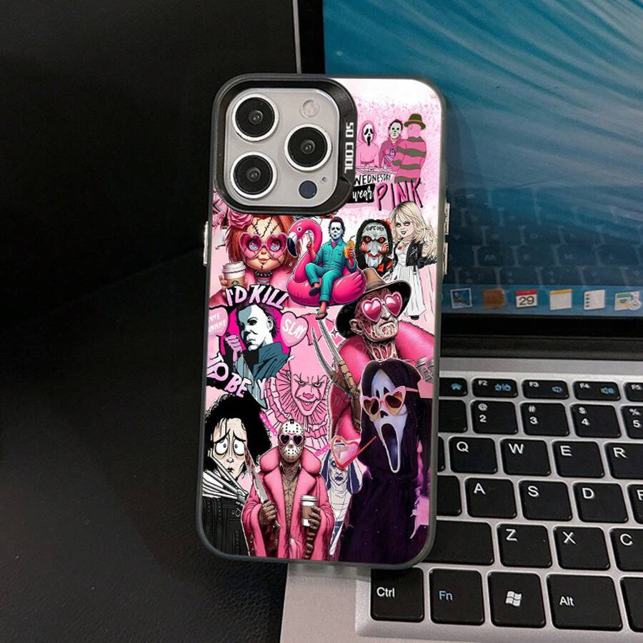 Funda para 17 16e 16 15 14 13 12 11 Pro X XR XSMAX 8 Plus personajes clásicos de terror Halloween antideslizante mate funda personaje horror obra arte espeluznante temática navidad Christmas regalo coleccionista - Negro - Ver 1