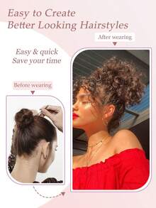 1 pieza Extensión de cabello sintético con moño rizado y ondulado desordenado con cordón elástico para uso diario, cosplay, festivales de música, fiestas y vacaciones de mujeres - Multicolor - Ver 7