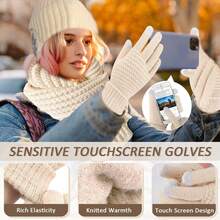 女士冬季帽子围巾手套袜子四件套，带护耳的保暖针织帽，触屏手套，长款针织围巾，保暖长袜，适合女孩冬季佩戴，男女通用，冬季情人节礼物