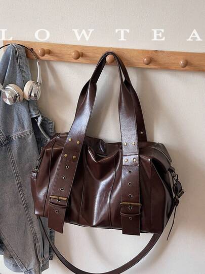 low tea 1pc Low Tea Solid Color PU Leather Shoulder Bag, Women's Retro Fashion Large Capacity Pillow Bag, Top Double Handle Design, Zipper Closure, Adjustable Shoulder Strap For One Shoulder Or Crossbody Use, Suitable For Travel, Shopping, Dating, Women's Gift, Great For Commuting, Outdoor, Travel, Hiking