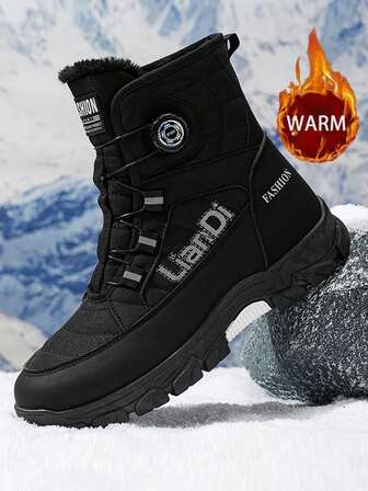 Men's Snow Boots, New Winter High-Top Thick Fur Lining Warm Boots, Thick Sole Anti-Slip Leather Boots, Outdoor Hiking Shoes With Rotating Button Design, Classic Mid-Calf Fur Collar Boots, Anti-Slip Thick Bottom, Super Cold-Resistant, Ice And Snow World Companion Winter Snow Boots For Men