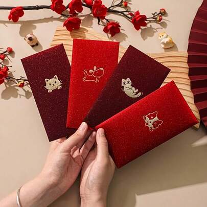 12 piezas, sobres rojos de alta calidad con diseños de personajes de dibujos animados tipo gato con elementos creativos estampados en dorado, adecuados para cumpleaños, bodas, aniversarios, Halloween, Acción de Gracias, Navidad y otras celebraciones festivas y regalos de negocios.