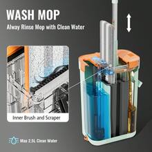 Mop And Bucket Set With Wringer, 3-Tank Flat Mop And Bucket System, Wall Mop Cleaner With Long Handle, Hands Free Mops For Floor Cleaning With 2 Microfiber Pads - Màu xanh Bạc hà - Xem 8