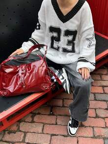 女式 V 领落肩拼色数字提花灯笼袖套头衫 - 柔软宽松针织上衣，适合街头休闲装、返校装、日常通勤装、派对装、秋冬装