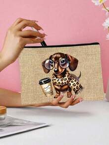 Yellow Linen Buckle Handbag With Black Border, Printed With A Dachshund Wearing Glasses And A Cup Of Coffee Includes A Large Bag And A Small Wallet, Handbag And Coin Purse, Handbag And Wallet, Cute Scarf Puppy Pattern Design, Card Holder, Multifunctional Portable Teacher Handbag, Teacher Appreciation Linen Bag, Women's Gift,