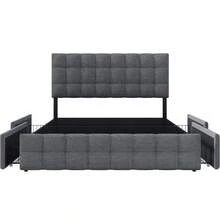(=622122AAS) Upholstered Bed With 4 Drawers, Double Bed With Slatted Frame, Bed With Storage, Height Adjustable Headboard And Square Stitching Design, Metal Slat Support, Linen Material (140*200, Black) - 灰色+亞麻 - 查看 3