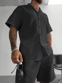 男士夏季两件套套装，轻盈透气的亚麻衬衫和抽绳短裤，复古绅士风格休闲沙滩婚礼派对度假旅行装，父亲节送给丈夫、爸爸、男友的礼物，舒适百搭 - 黑色 - 查看 2