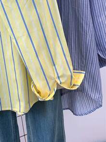 Camisas de botones a rayas para mujer, camisas de vestir de manga larga, camisas casuales con cuello y bolsillo para oficina y trabajo, primavera - Amarillo - Ver 4