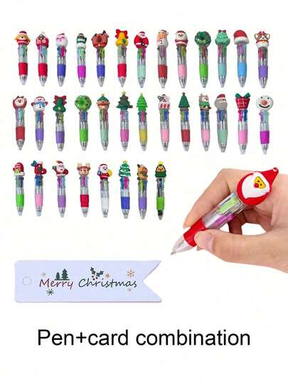 24pcs/6pcs/Set Cartoon Cute Four-Color Ballpoint Pen And Christmas Card Combination Set Suitable For Students, Four-Color Mini Color Ballpoint Pens, Craft Pen Color Pens, 4-Color Ink, Suitable For Student Office Stationery Gift Set, Cute Santa Claus, Reindeer And Snowman Design - Great For Office, Classroom Prizes, Fun Bulk Gifts, Party Favors, Birthday Gifts, Christmas Gifts