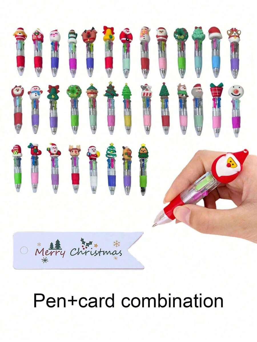 Zestaw 24 szt./6 szt./zestaw uroczych, czterokolorowych długopisów kulkowych i kartek świątecznych, idealny dla uczniów, czterokolorowe mini długopisy kulkowe, kolorowe długopisy, 4-kolorowy tusz, odpowiedni do szkolnych artykułów biurowych, uroczy wzór Świętego Mikołaja, renifera i bałwana – idealny do biura, jako nagroda w klasie, zabawny prezent zbiorczy, upominki na imprezę, prezenty urodzinowe, prezenty świąteczne - Wielokolorowe - Zobacz 1