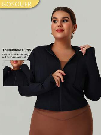 GOSOUER جاكيت نسائية كبيرة الحجم ذات ياقة عالية مع سحاب للارتداء في الخريف، مناسبة للرياضة والياوغا واللياقة البدنية في الهواء الطلق