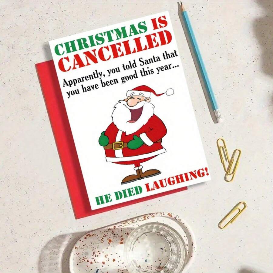 Funny Santa Claus Laughing Christmas Card - 'Christmas Canceled, Santa Died Laughing!' - Perfect For Friends, Family, And Office Holiday Greetings, Festive Greeting Card | Humorous Christmas Design | Fun Illustration, Christmas Card For Friends
