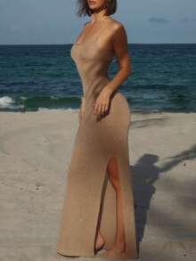 香槟金针织连衣裙 | 修身开衩沙滩度假连衣裙 - 卡其色 - 查看 4