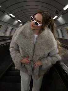 Eleganter Damen Kunstpelzmantel, Kragen mit Revers, Langarm, strukturiert