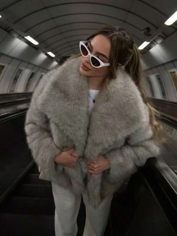 Wintermantel Damen Kunstpelzmantel Frau Herbst Winter Plüsch Flauschig Damen Jacke Warm Neu in Oberbekleidung Rot Grau Langarm Haarig Felliger Pelzmantel