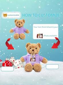 1pc Teddy Bear Figurine, With Customized Text + Image, Funny Gifts, Doll Clothes, Christmas Decorations, Bedroom Decor, Christmas Gifts, Birthday Decorations, Personalized Gifts, Suitable For College Dormitory Decoration, Halloween Decoration, Home Decoration, Wedding Decoration, Car Decoration, Baptism, Christmas Decoration, Gifts For Women - 彩色 - 查看 4
