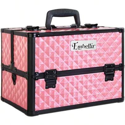 Embellir Makeup Case Aluminium Lockable Beauty Cases Suitcase Make Up Large Organisers Storage Portable Toiletry Cosmetic Box Travel Indoor Outdoor With 4 Trays Shoulder Strap 8 Dividers Pink