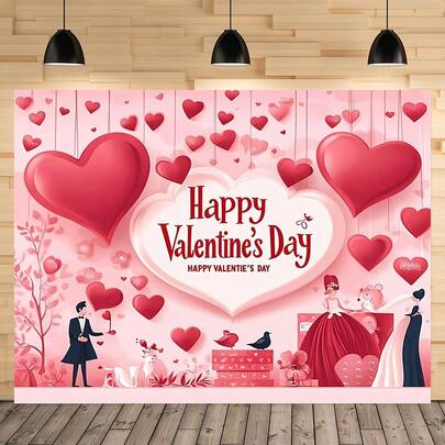 2D平面单片情人节快乐红色爱心涤纶背景布，适用于家庭聚会摄影、情人节装饰、摄影背景，无需用电