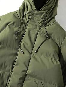 1pc Men's Hooded Cotton Padded Mid-Length Jacket, Drawstring Waist, Casual Thick Outerwear For Winter