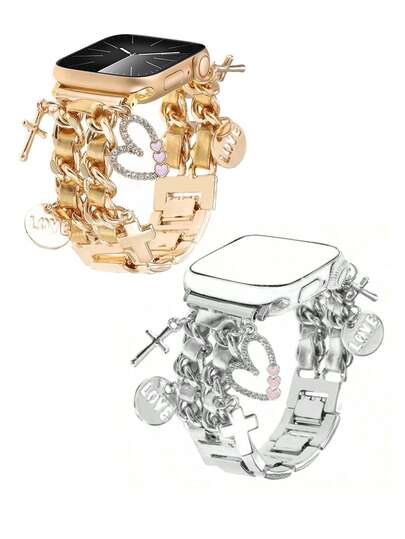 1pc Fashionable Metal Bracelet Band Compatible With Apple Watch Bands 49/46/45/44/42mm 41/40/38mm, With Cute Cross & Heart Charms, Suitable For Apple Watch Ultra 3/2/1 Series 10 9 8 7 6 5 4 3 2 SE (Band Only, Watch Not Included)
