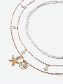Opalesca 3pcs/Set Faux Pearl Tassel, Starfish & Shell Decor Beaded Necklace Set, Multi-Layer Choker Necklaces, Suitable For Casual Wear & Summer Beach - Imitation Pearl + Starfish - View 4