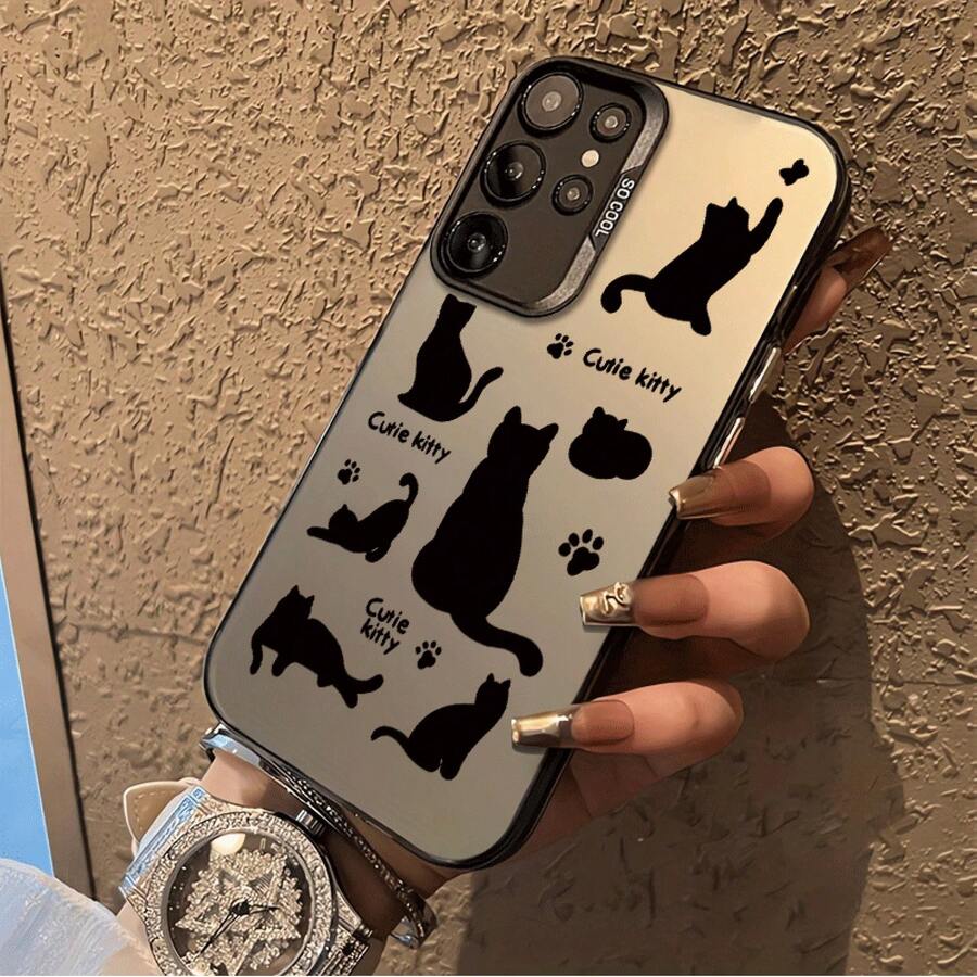 Funda de Teléfono con Diseño de Gato Negro en Pantalla Completa Compatible con iPhone 16 15 14 13 12 11 7/8 7/8 Plus X/S X/S Max Galaxy S22 Ultra Galaxy S22 Galaxy S22 Galaxy S23 Galaxy S23 Galaxy S23 Ultra Galaxy S23 FE Galaxy S24 Galaxy S24 Plus Galaxy S24 Ultra y Otros Modelos, Anti-Mancha, a la Moda, , Color Plata IMD - Colores mixtos - Ver 1