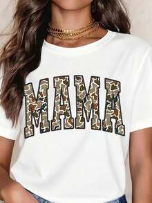 Camouflage Mama Print White T-Shirt Women Casual Short Sleeve Top Mother's Day Gift Crew Neck Loose Fit Tee Shirt - 白色 - 查看 1