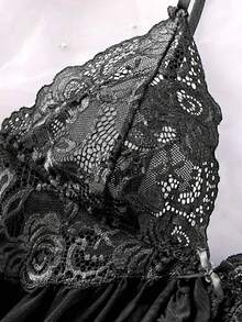 SOFUSEN 3 قطع/مجموعة ملابس داخلية نسائية مثيرة من الدانتيل بفتحة عميقة على شكل زهرة اللوتس، ملابس نوم مثيرة متعددة الاستخدامات للنوم والحمام والحفلات - الأسود - مشاهدة 4