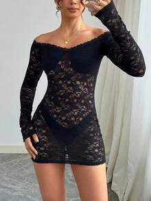 Vestido mini de encaje negro para mujer, estilo sexy de discoteca, vestido de manga larga transparente y sexy, atuendo de fiesta para mujer estilo Y2K
