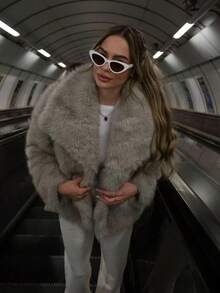 Eleganter Damen Kunstpelzmantel, Kragen mit Revers, Langarm, strukturiert