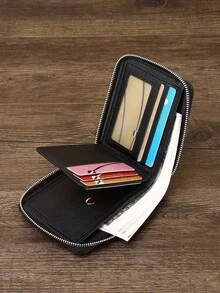 HOVI'S Men's Short Zip Wallet, 11.5cm, PU Leather Material, Multi-Card Slots And Cash Compartment, Slim And Secure, Can Hold Cash (9.5x2.5cm), Men's Christmas Gift, Black - Black - View 5